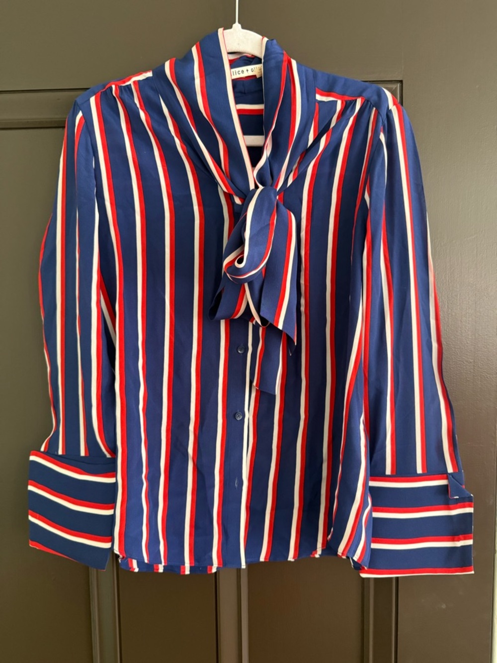 Alice and Olivia, 100% Silk Button Down Striped Blouse, Size M,
